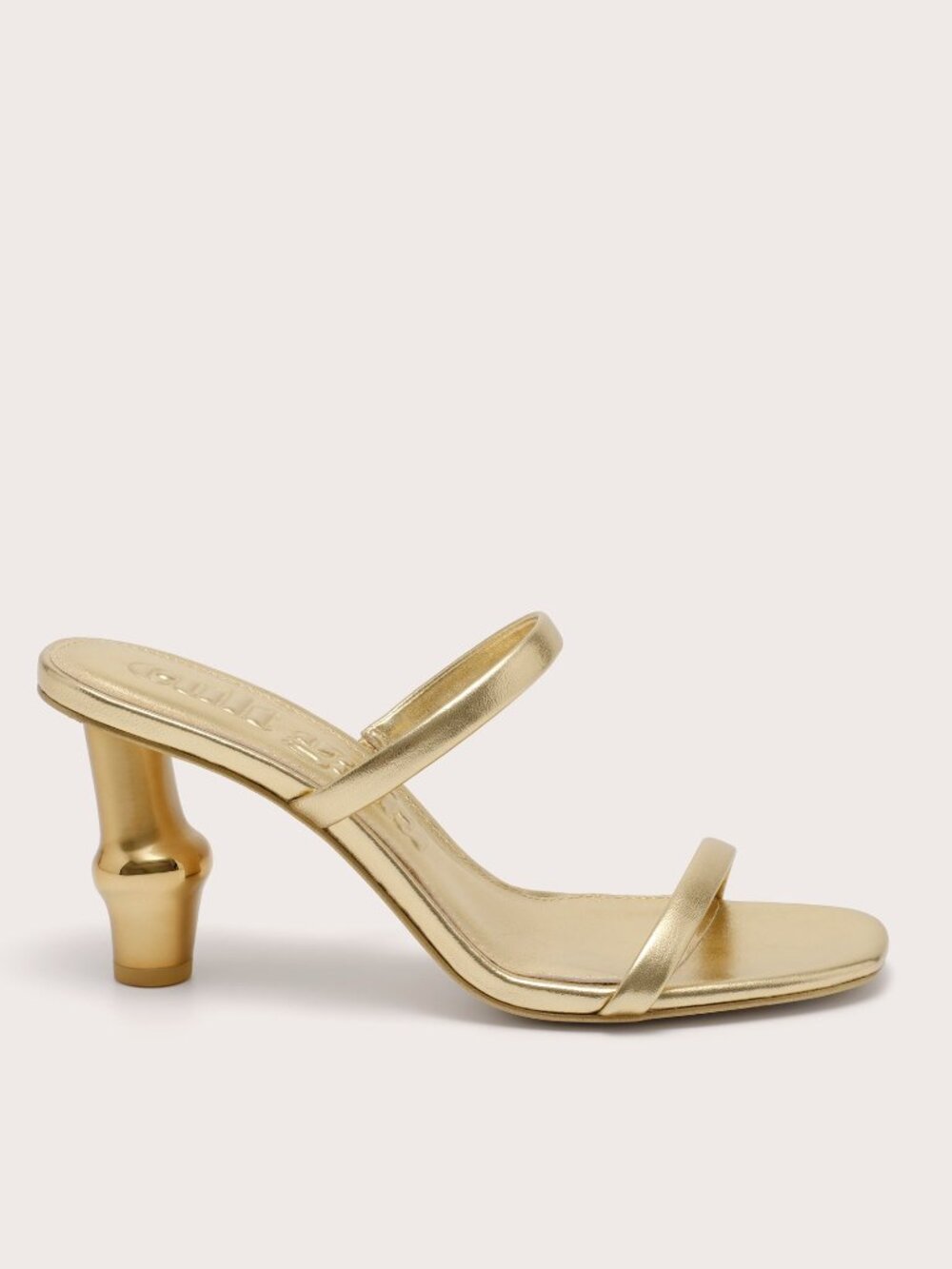 Cult Gaia Bambu Sandal in Brass gold metallic open toe high heel avant garde